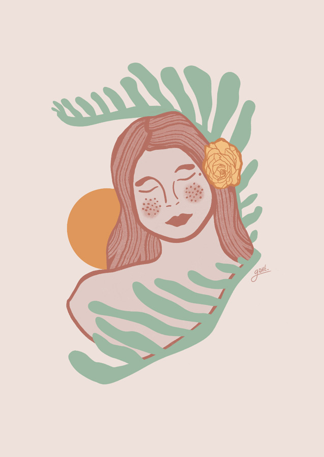 illustration d'un portrait de femme paisible entourée de deux feuilles végétales.